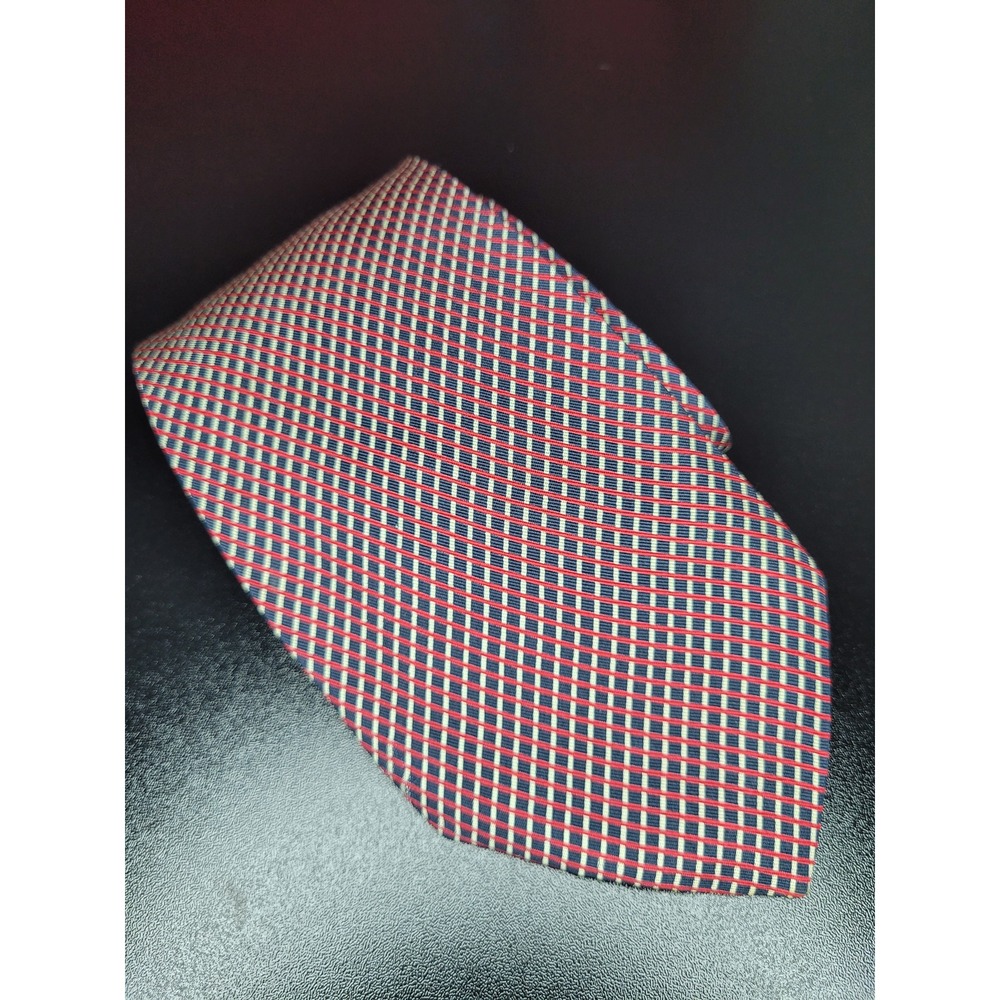 Brioni Mens Silk Tie Navy Blue Red White Micro Check Geometric Made in Italy